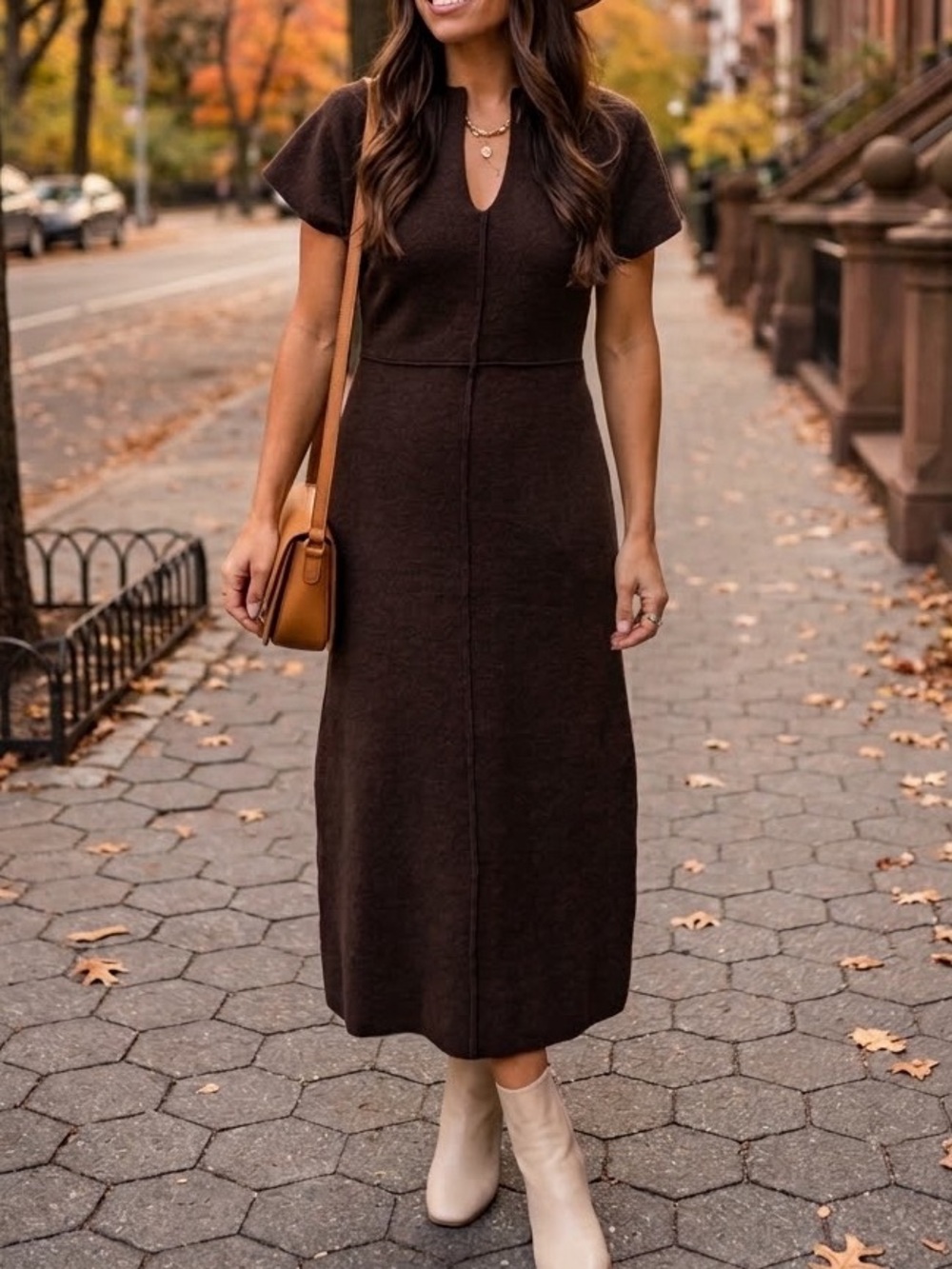 Zara Chocolate Brown Knit V-Neck Midi A-Line Dress Small